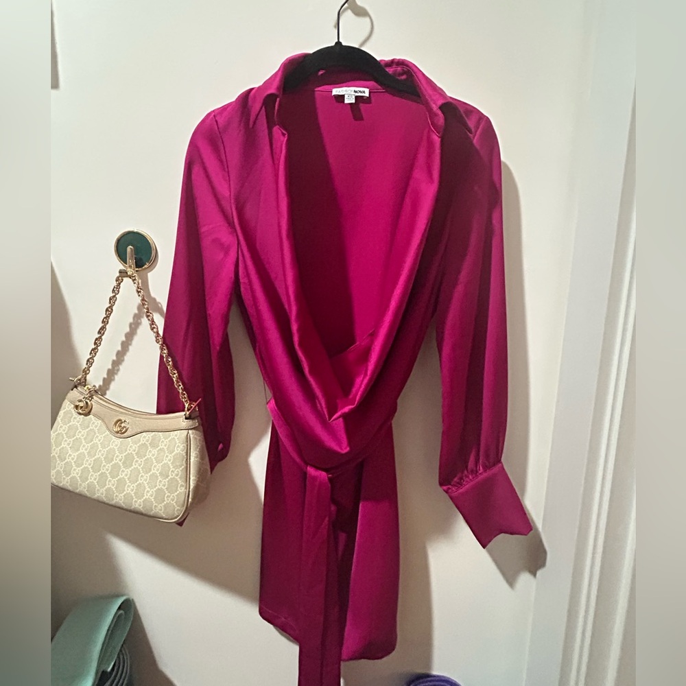 Fashion Nova Magenta Satin Wrap Dress with Draped Front